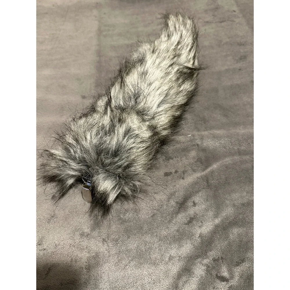 Grey Black Faux Fur Animal Tail Cosplay Costume Accessory with Clip 11 Inch